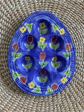 Hausenware Handpainted Ceramic Egg Shaped  Egg Tray Cobalt Blue Tulips Easter